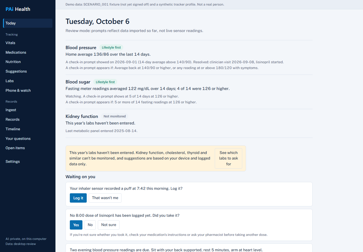 PAi Health synthetic demo dashboard with readings, medication check-ins and laboratory reminders
